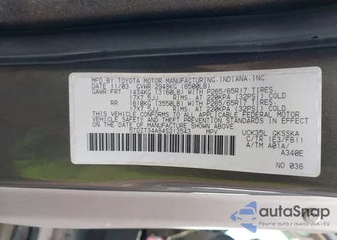 2004 Toyota Sequoia Sr5 V8 from USA, damaged, VIN 5TDZT34A84S213543